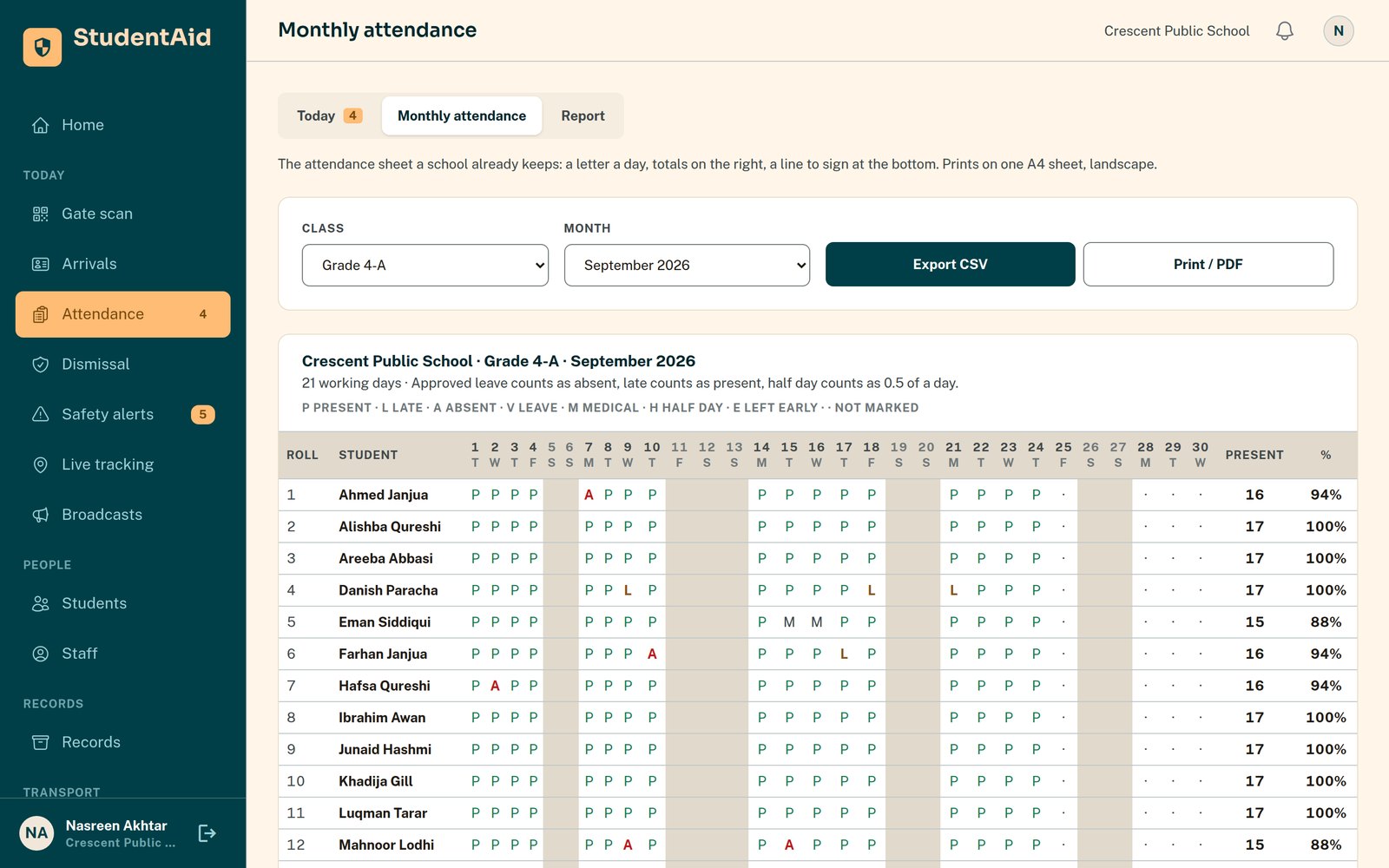 The monthly attendance sheet in the school portal