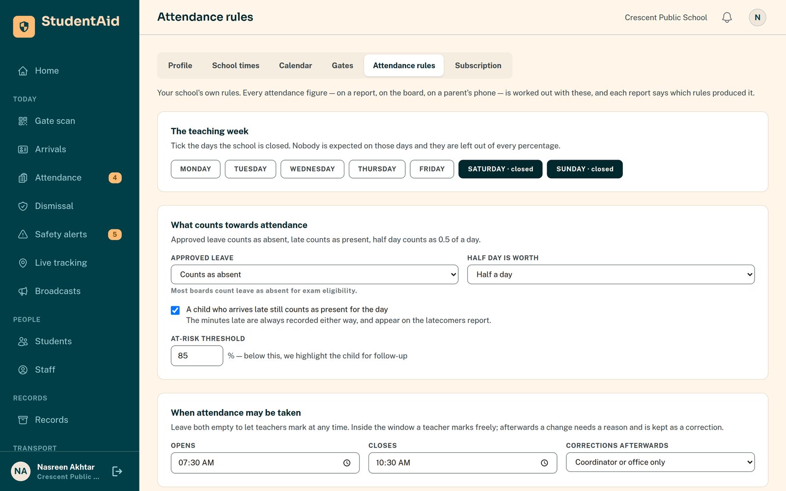 Attendance rules in the school portal