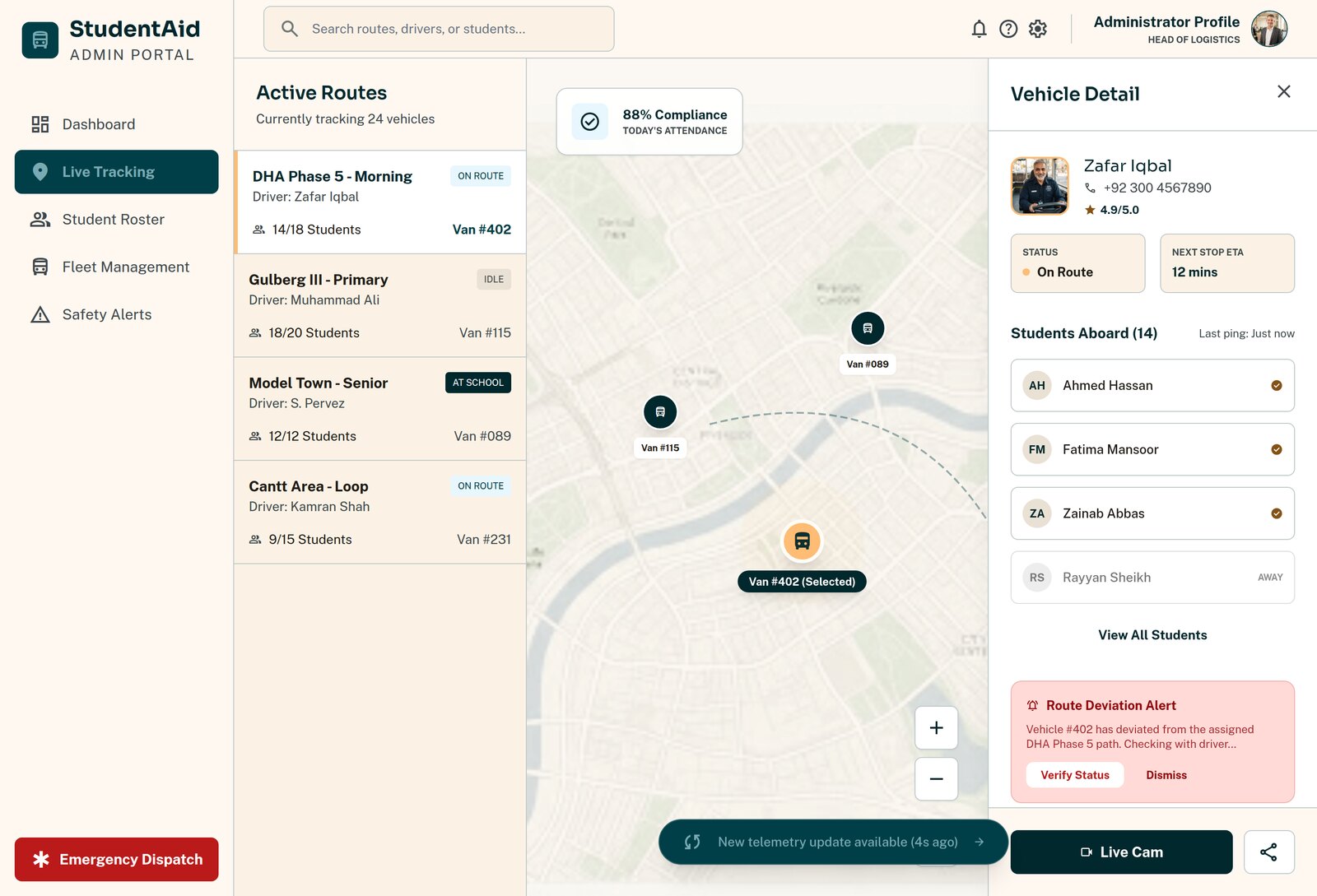 Live fleet map with every active van