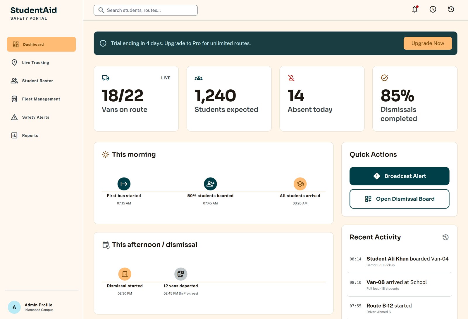 The StudentAid school portal dashboard