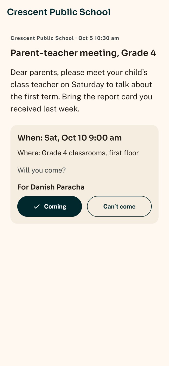 A parent-teacher meeting invitation in the parent app