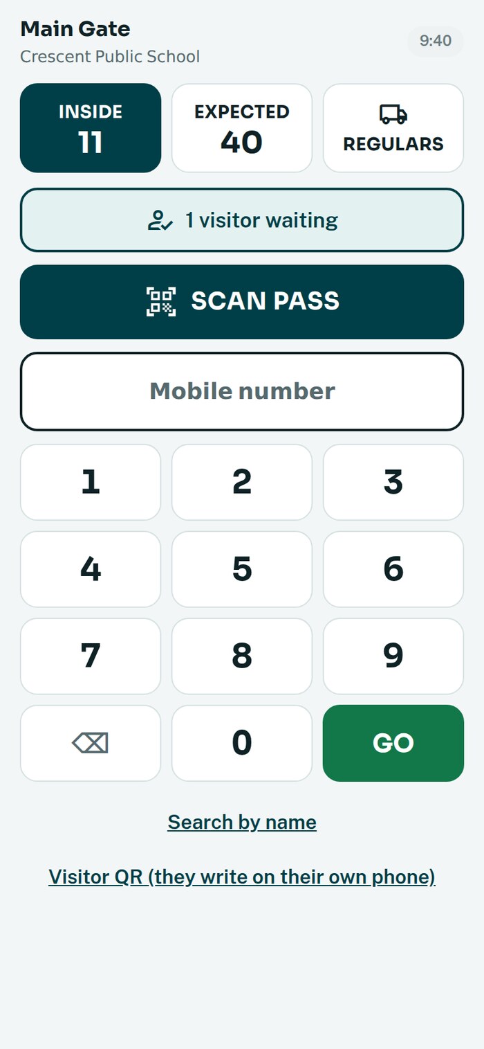 The gate screen: number pad, scan pass, inside now and expected