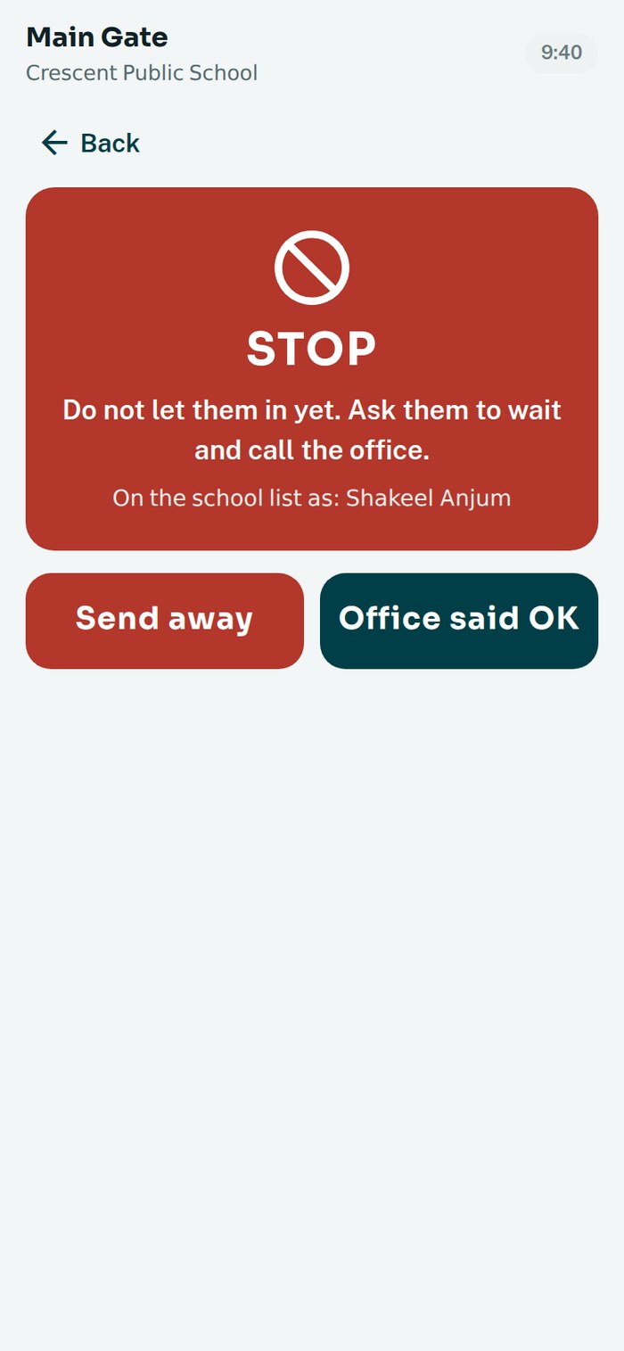 A red STOP screen for someone on the school's alert list