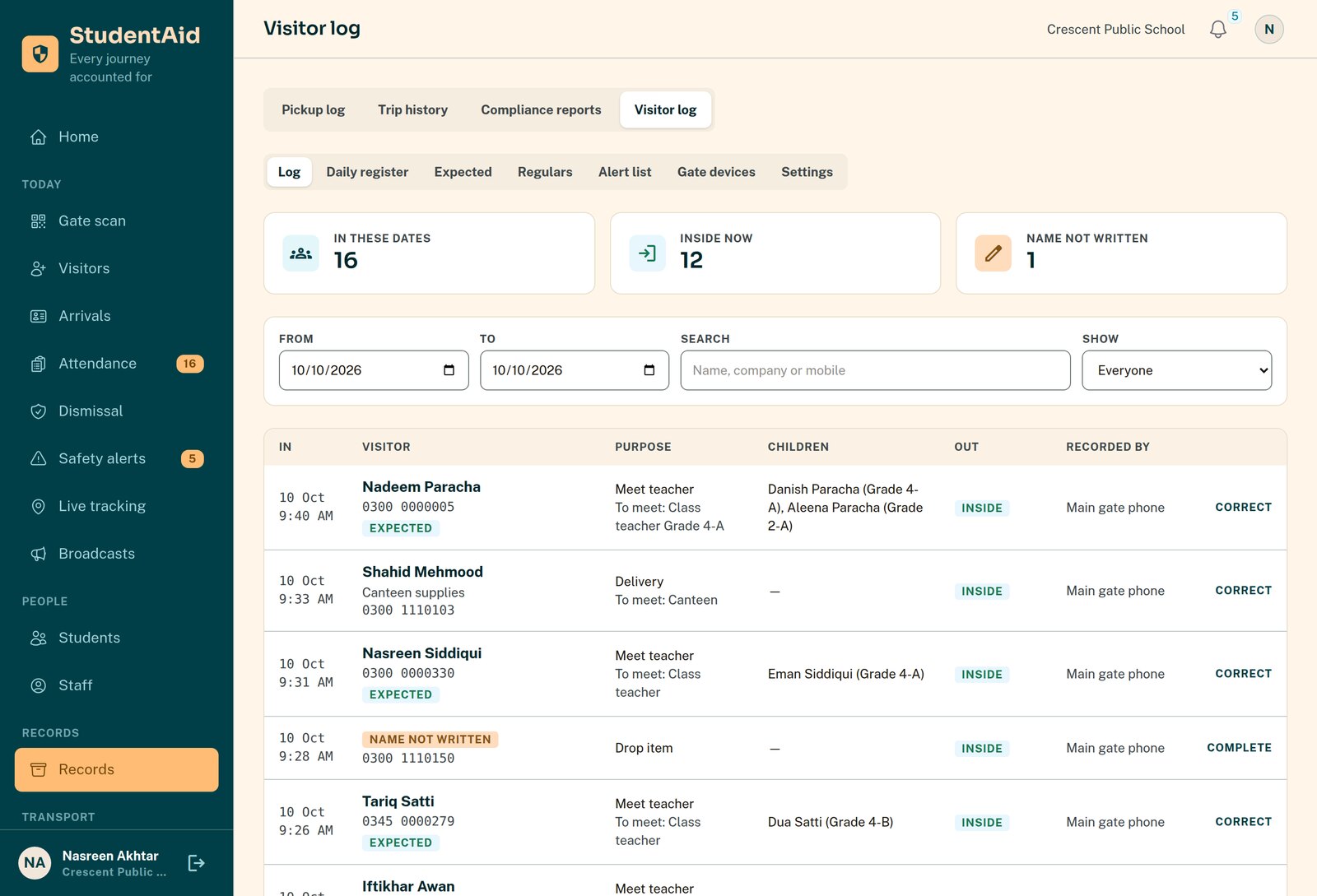 The visitor log in the school portal