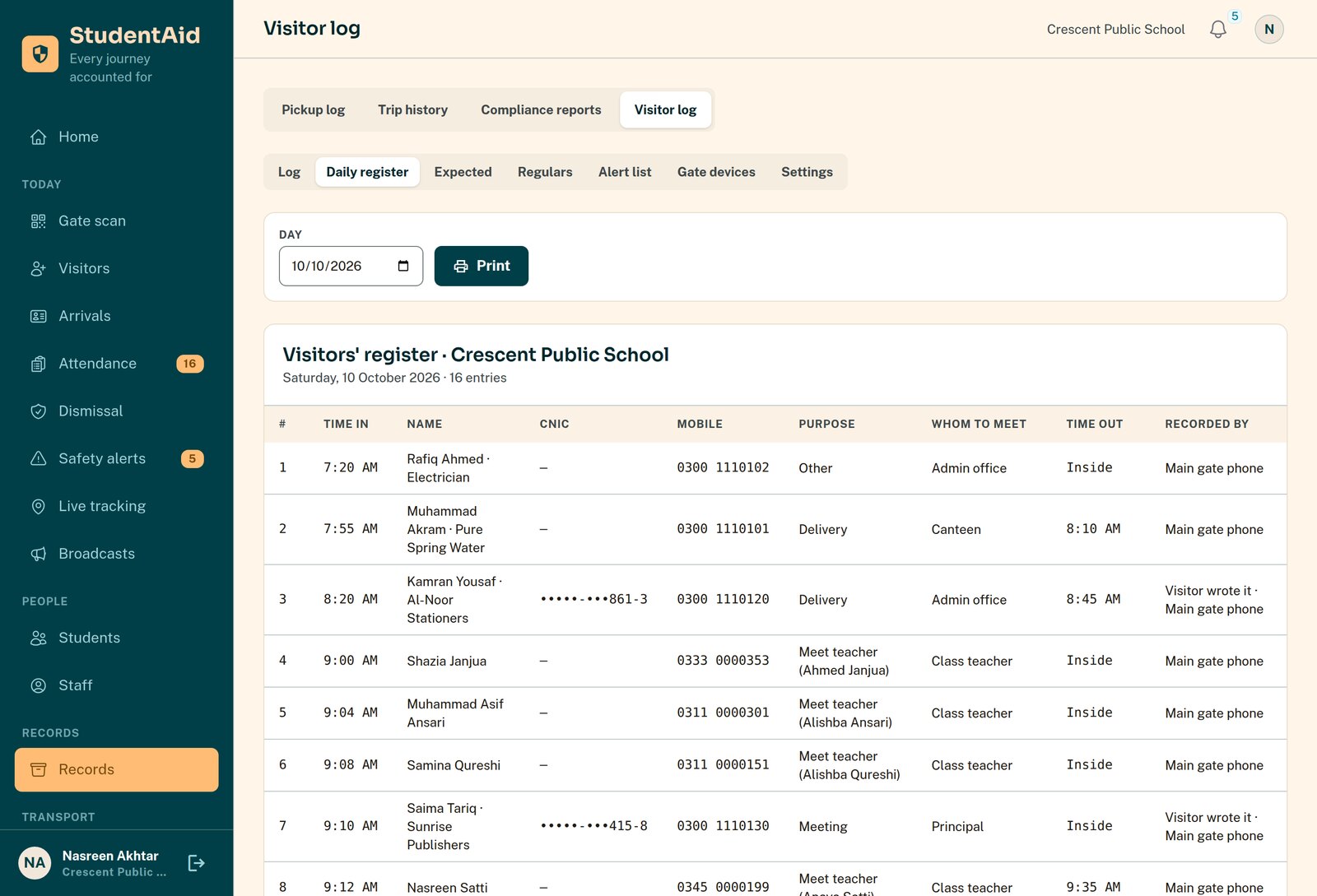 The daily visitors' register, ready to print