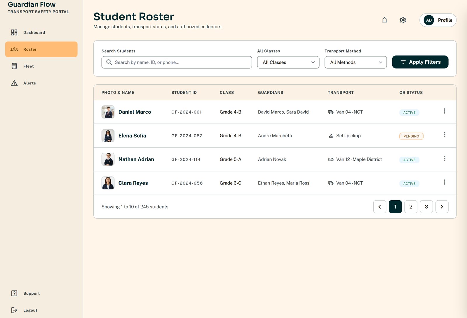 Student roster with the detail drawer open