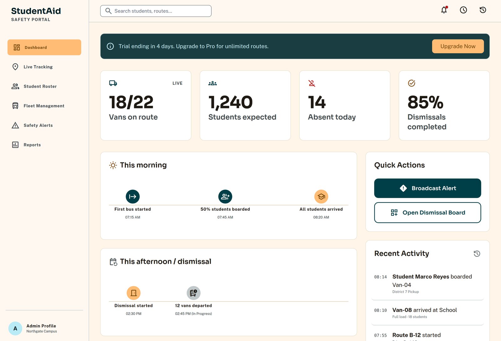 The StudentAid school portal dashboard
