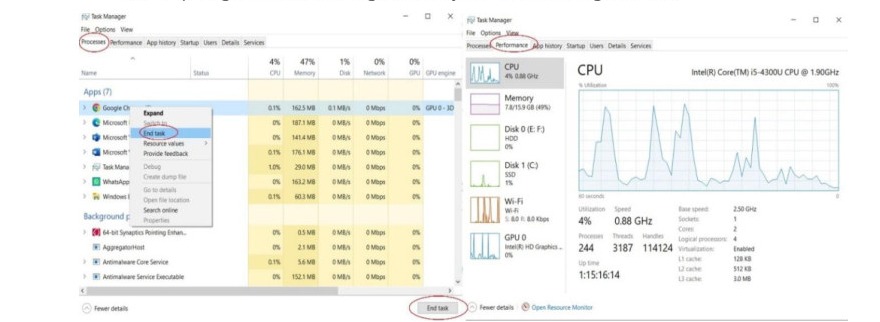 Fig 4.1: Task Manager Showing Active Processes and System Performance in Windows